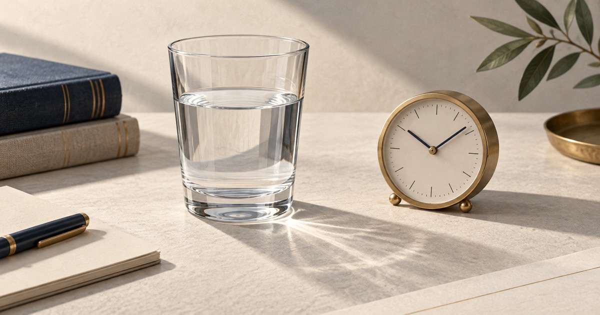 Water glass beside a clock, illustrating the article’s subject of fasting and time